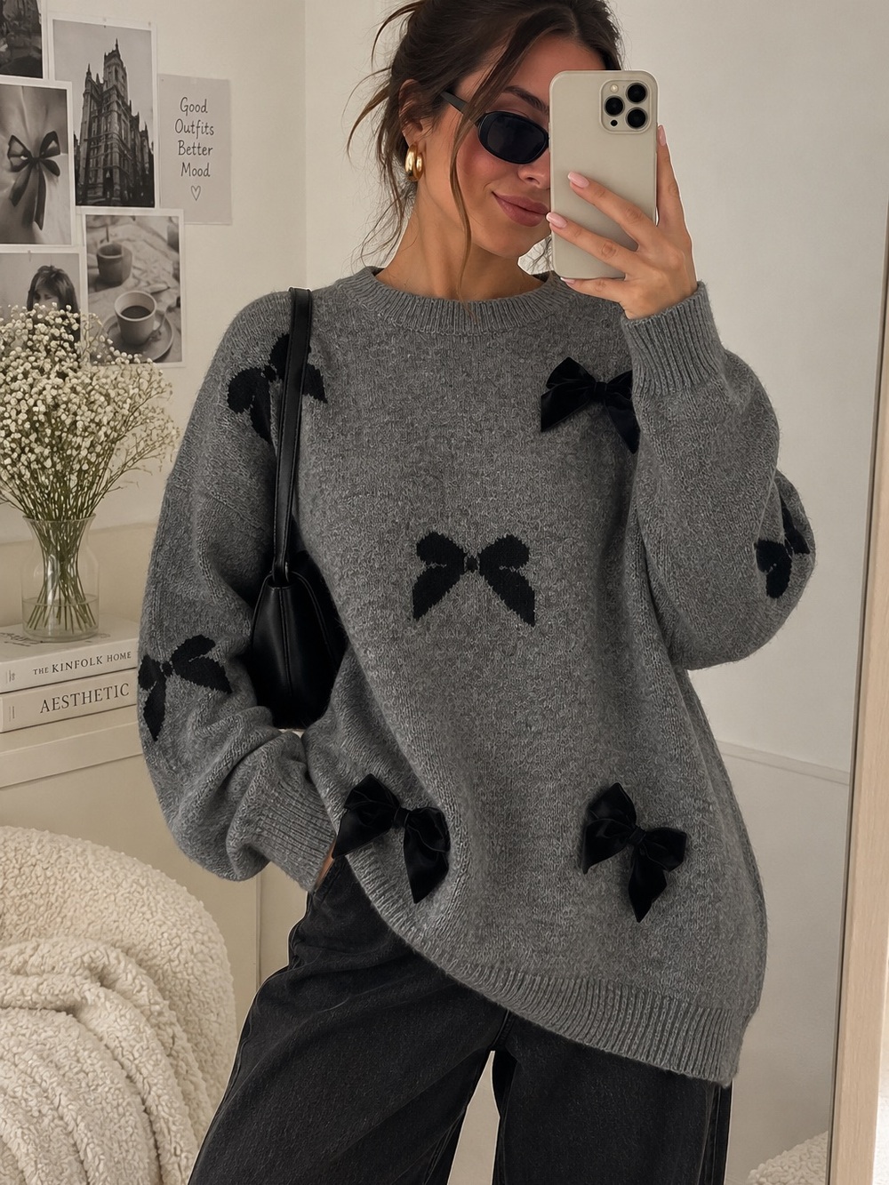 CeCe Gray Bow Print Sweater 1X NWT Black Velvet Bow Appliqués